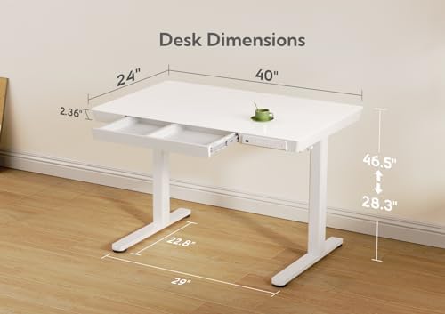Claiks Glass Standing Desk with Drawers & USB Ports 40x24 Inch, White
