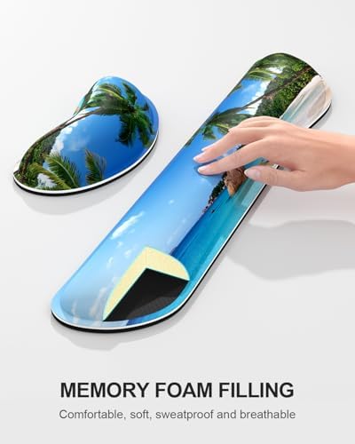 Auhoahsil Large Mouse Pad with Wrist Rests for Keyboard & Mouse, Thick Soft Ergonomic Memory Foam Wrist Supports, Big & Long Desk Mat 35.5 x 15.7 in, for Office Gaming Computer, Beach and Trees