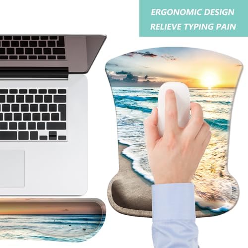 Keyboard Wrist Rest Pad Mouse Pad with Wrist Support Set of 3, Gaming Mousepad with Non-Slip Rubber Base, Ergonomic Memory Foam Mouse Cushion Support for Home Office Laptop Computer, Beach