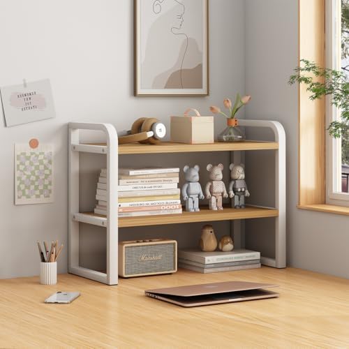 Office Desk Shelf Organizer, Wood Desktop Bookshelf Supplies Storage Rack, Shelf for Top of Desk and Dresser and Cubicle Decor Aesthetic Bookshelf (White Wood-Two Tier)