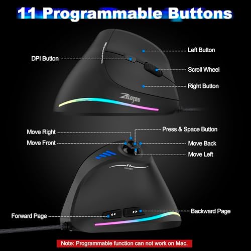 TRELC Wired Gaming Mouse with 5 D Rocker, 10000 DPI/11 Programmable Buttons, Vertical Ergonomic Mouse with On-Board Memory, Optical Computer Mice for PC/Laptop/E-Sports/Gamer
