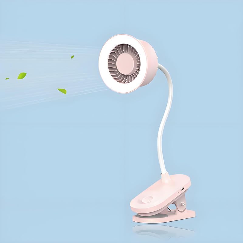 Portable clip and LED lamp 2 in 1 more functions hanging,desktop fan, 4.5W three gears wind speed,two gears led circular lamp high brightness lighting ,touch button with CE FCC certifications (Pink)
