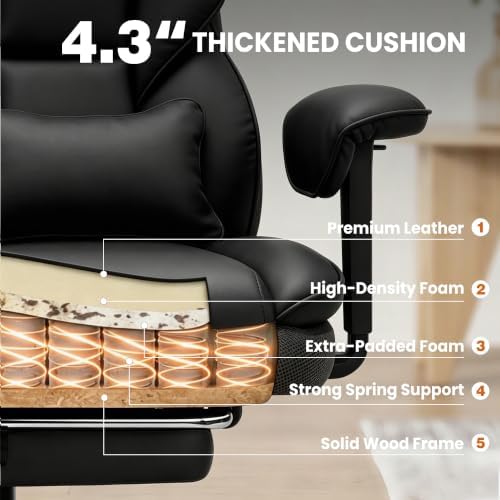 Office Desk Chair, Big and Tall Gaming Chair with Foot Rest, Ergonomic High Back Computer Chair with Soft Adjustable Armrests, Lumbar Support Pillow, Executive Leather Chair (PU, Black)
