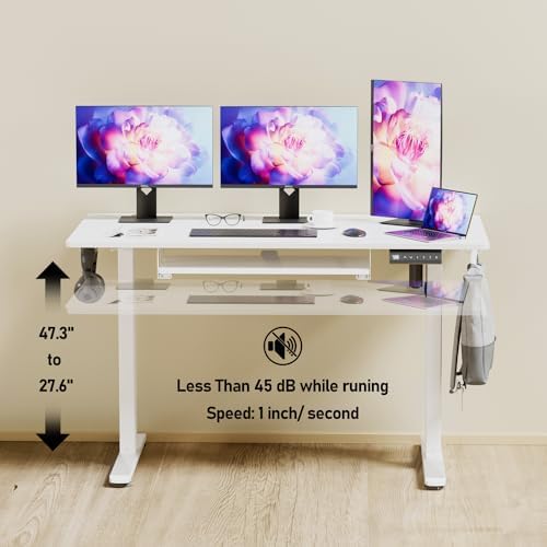 Electric Height Adjustable Standing Desk with Keyboard Tray, 55 * 24 Inch Sit Stand Up Desk, Ergonomic Computer Desk with 2 Headphone Hook for Home Office Sturdy Writing Workstation, Gaming