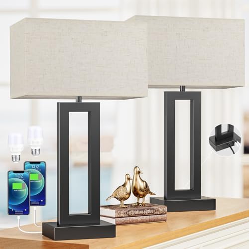 Seealle 22" Tall Living Room Lamps for Night Stands - Touch Bedside Lamp with USB C+A, 3 Way Dimmable Bedroom Lamps for End Tables Set of 2, Modern Night Stand Lamps for Bed Side(Cream&Black)