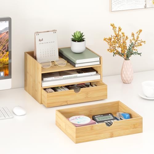 Bamboo Desk Organizer with Drawers, Desktop Storage Box for Office Supplies