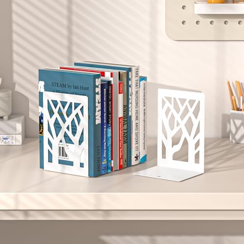 VFINE Withe Bookend 4-Piece, Tree Design Bookends for Shelves, Metal Book Ends for Desk, Decoration Stylish Bookshelf Bookends for Home Office School Supplies
