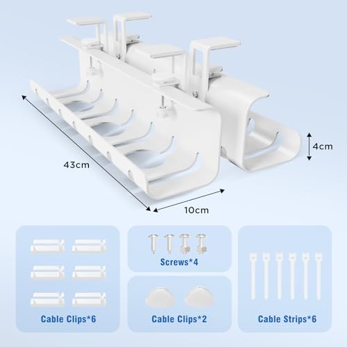 2 Pack No-Drill Under Desk Cable Management Tray 33.8 inch Large Wire Cord Organizers, Cable Management Under Desk for Home and Office No Damage White