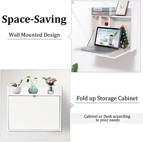 YUSING Wall Mounted Table, Multifunctional Fold Down Wall Mounted Laptop Computer Desk with Storage Compartments for Home, Office, White