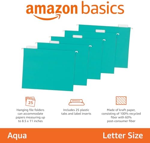 Amazon Basics Hanging File Folders with Adjustable Tabs for Document Organization, Letter Size, Aqua, 25-Pack