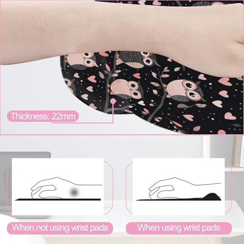 Cute Owl Pink Heart Keyboard Wrist Rest Pad Mouse Pad Set,Ergonomic Mousepad Wrist Support Memory Foam Desk Pad for Gaming Office,Non-Slip Rubber Base Easy Typing for Home Office Computers