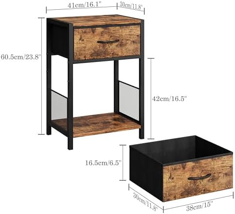 Night stand Set of 2 with Fabric Drawer, Rustic Brown Bedside Table