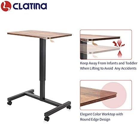 CLATINA Mobile Laptop Desk Pneumatic Sit to Stand Table Height Adjustable Rolling Cart with Lockable Wheels for Home Office Computer Workstation 28" x 19" Brown Round Edge Design Elegant