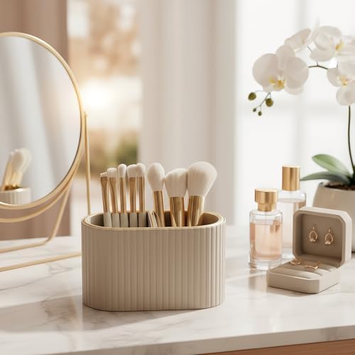KINGFOM PU Leather Desk Organizer Pen Holder – Dual-Compartment Stylish Pencil Cup Remote Control Holder Desktop Supplies and Accessories Organizer Caddy for Office Home School (Mocha Beige)