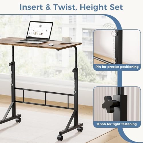 Simple Deluxe 31.5" Adjustable Height Mobile Desk with Locking Wheels & Pin-Lock – Height-Adjustable Standing Desk– Heavy-Duty Portable Workstation for Small Spaces & Home Office – Brown