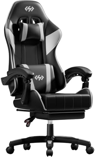 HLDIRECT Gaming Chair with Footrest, Lumbar Support & Headrest, Black&White