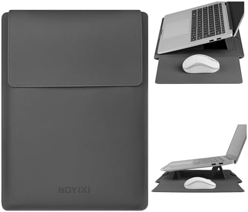 HoYiXi 15.6" Laptop Sleeve Case PU Leather with Stand Compatible with MacBook Pro 16/15.4'' MacBook Pro 15, Mac Air 15/ Dell, Matebook,Asus,15-16'' Laptop Bag,(Patent Pending),Gray