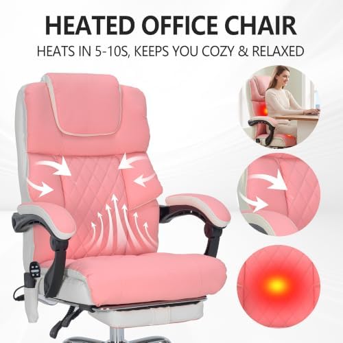 Massage Office Chair with Heat & Footrest,Heated Comfy Reclining Desk Chair with Vibration,Executive Big and Tall Chairs for Heavy People,Adjustable Height Black Pink-White