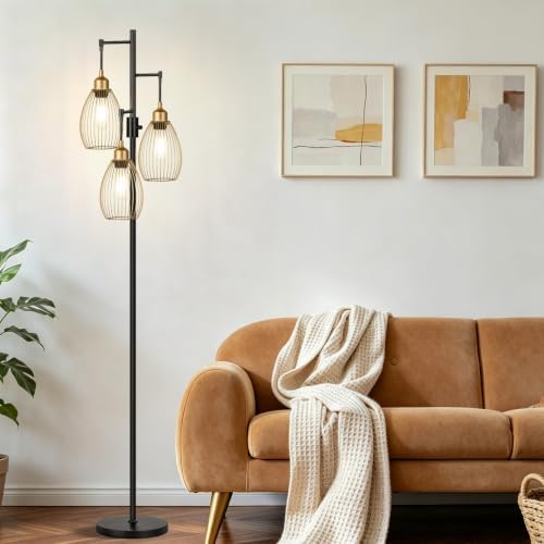 Dimmable Floor Lamp,3x800LM LED Bulbs Included, Farmhouse Industrial Floor Lamp Standing Tree Lamp with Teardrop Cage Head Tall Lamp for Living Room Bedroom Office Dining Room - Black Gold Edge