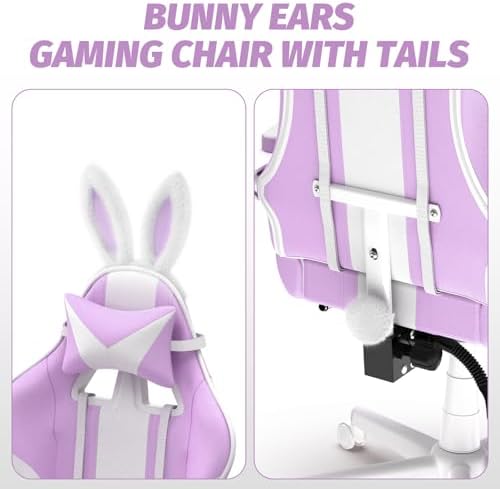 Ferghana Kawaii Light Purple Gaming Chair with Bunny Ears, Ergonomic Cute Gamer Chair with Footrest and Massage, Racing Reclining Leather Office Computer Game Chair for Girls Adults Teens Kids