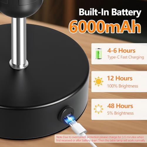 Black Cordless Table Lamp Rechargeable, 6000mAh Battery Operated Bedside Lamps, Portable LED Desk Lamp with Stepless Dimming, Wireless Lamp with White Shade, Modern Touch Small Night Light for Bedroom