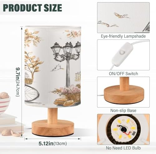 ALAZA Paris Eiffel Tower France Flower Watercolor Decor Bedside Table Lamp with USB Port for Bedroom Nightstand Office Desk LED Bulb Included