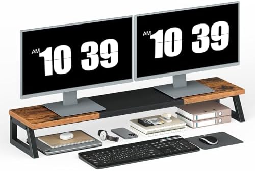 HOOBRO Dual Monitor Stand Riser, 39 Inch Large Computer Monitor Stand for 2 Monitors, Computer Monitor Riser, Desk Shelf Organizer for Office Desk, Accessories, Rustic Brown and Black BF121CJ01