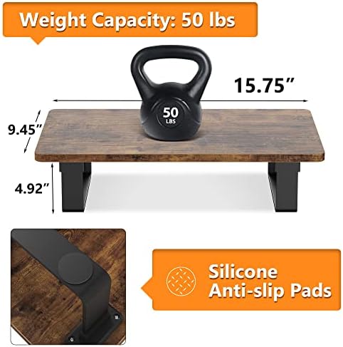 Monitor Stand Riser with 50 LB Capacity, Stable Wood Computer Monitor Stand for Desk Organizers, Anti-slip Computer Riser Monitor Shelf for PC Laptop Notebook Printer Computer iMac, Rustic Brown