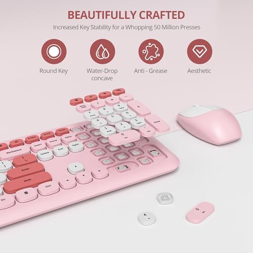 surmen Cute Wireless Keyboard and Mouse Combo, Pink Wireless Keyboard with Silent Mouse, Full Size Slim Low-Noise Soft Touch Round Keys for Home and Office,（6-Pink）