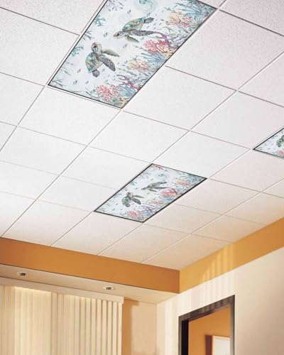 Watercolor Turtle Magnetic Fluorescent Light Covers for Ceiling Lights 2 x 4 Feet,Coastal Coral Seaweed Vintage Blue Office Classroom Kitchen Drop Ceiling Light Covers Filters Shade Panel 1 Pack