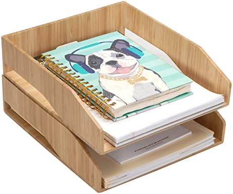 MobileVision 2 Pack Stackable Bamboo Paper Tray Office Organizer for Files, Documents, Letter Sorter, Envelopes and Magazine Holder