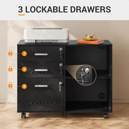 DEVAISE 3-Drawer File Cabinet with Lock, Mobile Wood Filing Cabinet, Black