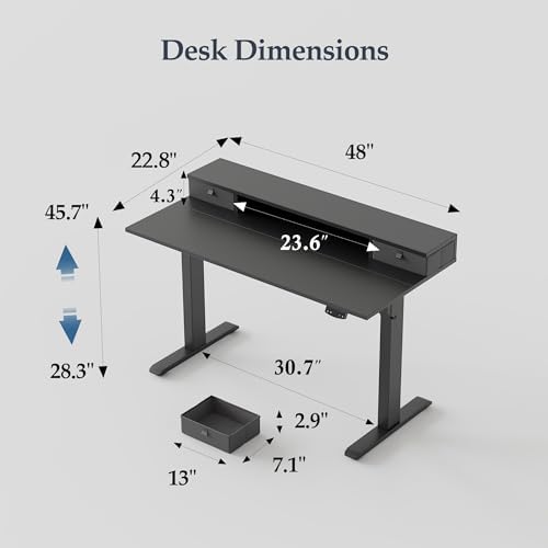 Klicelor 48 x23 Inch Electric Standing Desk with Drawers, Adjustable Height Small Sit Stand Desk for Home Office, Compact Computer Workstation with Storage– Black