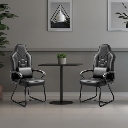 Leather Office Guest Chair No Wheels High Back Computer Reception Chairs with Padded Arms Waist Pillow for Meeting Gaming Conference Waiting Room, Black
