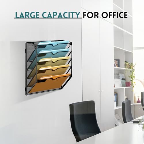 SUPEASY 5 Tier Wall File Organizer, Hanging Wall Mounted Mail Organizer with Label Slots, Metal Mesh File Holder Magazine Rack for Office, Home, School or Classroom, Black