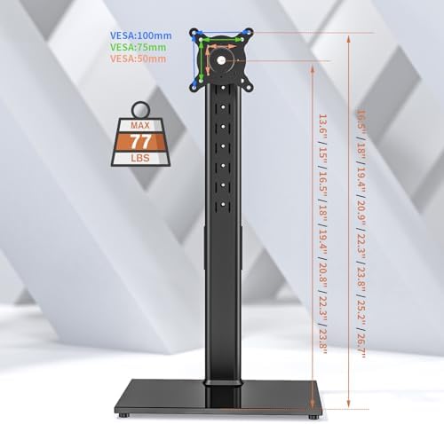 Single Monitor Stand Freestanding 27-43 Inch Monitor Arm Curved Screen Monitor Mount Tempered Glass Base Adjustable Motion Tilt -15° to 10° Swivel ±45° Rotation 360° Weight Capacity 77lbs HT05B-003