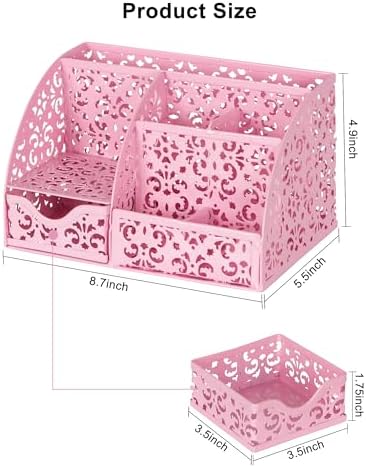 EasyPAG Desk Organizer and Pen Holder for Desk, Mesh Office Supplies Storage Caddy with Drawer for Small Space, Desktop Organizer for Home Office, Pink