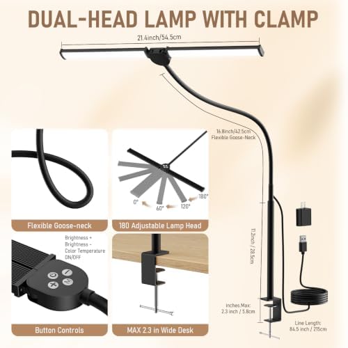 Voncerus LED Desk Lamp for Home Office, Double Head Desk Light with Clamp