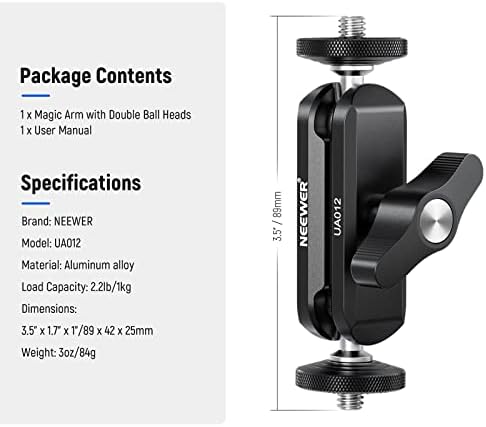 NEEWER Flexible Articulating Magic Arm with Dual Ball Heads, CNC Machined Aluminum Alloy with 1/4" Screws&Holes for Camera Monitor, LED Light, Microphone, Tripod, Compatible with SmallRig Cage, UA012