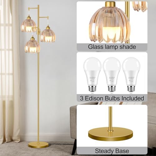 ZECOXOL Gold Floor Lamps for Living Room 3 Lights Floor Lamp with Glass Lampshape & Three Led Bulb,Mid Century Standing Lamp