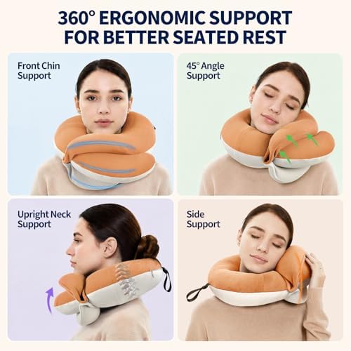 BUYUE Travel Neck Pillows for Airplanes, Memory Foam 360° Head Support Sleep for Long Flight, Skin-Friendly & Breathable, Kit with Eye Mask, Earplugs and Storage Bag (Adult, Orange, 90+ lbs)