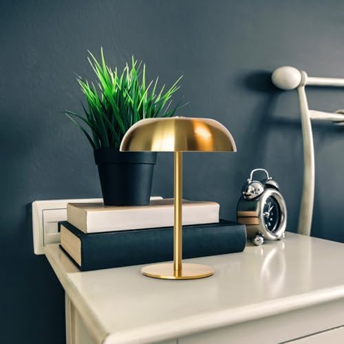Cordless LED Mushroom Table Lamp, 5200mAh Battery, Dimmable 3 Color, Gold