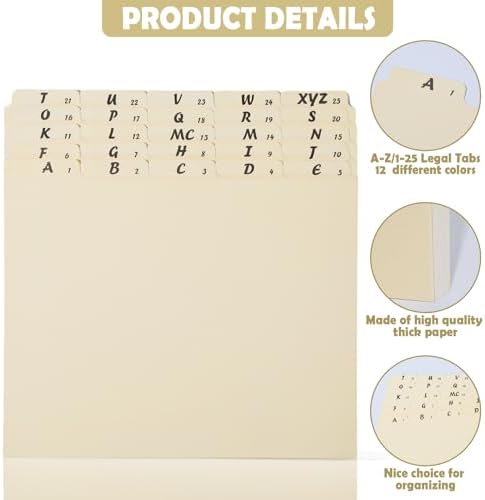 gisgfim 25 Alphabet File Guides, A‑Z Top‑Tab File Cabinet Dividers, Beige