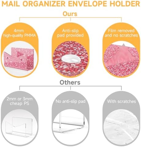 Mail Organizer Envelope Holder - 3 Compartments Glitter Pink Acrylic Mail Holder Countertop Vertical Desk Organizer Small File Bill Document Notebook Letter Sorter for Home School Office