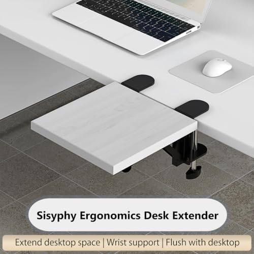 Sisyphy Ergonomics Desk Extender Tray, 9.5x9.1" Punch-Free Clamp on, Foldable Keyboard Drawer Tray, Table Mount Arm Wrist Rest Shelf, Computer Elbow Arm Support