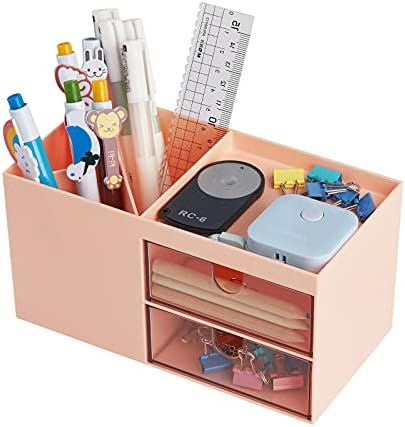 LETURE Office Desk Organizer with drawer, Office Supplies and Desk Accessories, Business Card/Pen/Pencil/Mobile Phone/Stationery Holder Storage Box (Pink)