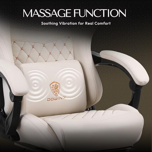 Dowinx Big & Tall Vintage Gaming Chair for Adults, 400 lb Capacity Heavy Duty Ergonomic Computer Chair with Massage Lumbar, Footrest & Easy Side Recline, Ivory Beige
