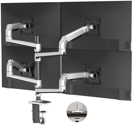 Heavy Duty Quad Monitor Mount Desk Stand, Mechanical Spring 4 Monitor Arm Fits Four 13-40 Inch Screens up to 25 lbs Each, Fully Motion VESA Mount Base (C-Clamp/Grommet), Premium Aluminum, Silver