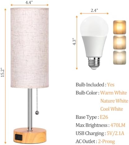 Dott Arts Table Lamp for Bedroom, 3-Color Bedside Lamps with Pull Chain