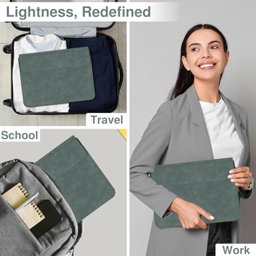 Allinside 13-14 Inch Laptop Sleeve Case for MacBook Pro 14" 2021-2026/MacBook Air 13" 2010-2017/MacBook Pro 13" 2010-2015, Waterproof Matte PU Leather Sleeve with Stand & Accessory Pouch, Dark Green